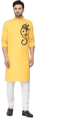 Enmozz Men Printed Straight Kurta(Yellow)