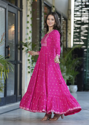gudden Women Printed Anarkali Kurta(Pink)