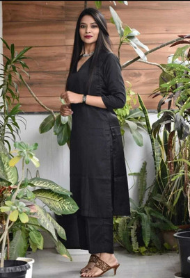 ISTOCAN Women Solid A-line Kurta(Black)