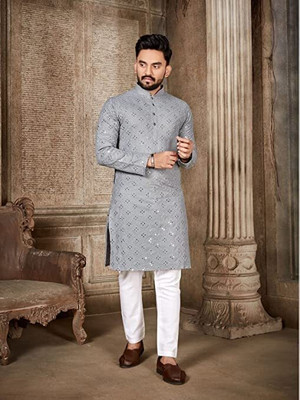 DM FASHION CLUB Men Embroidered Straight Kurta(Grey)
