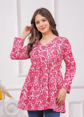 VANKAR Women Floral Print Flared Kurta(Pink)