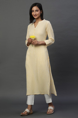 Aurelia Women Striped Straight Kurta(Yellow)