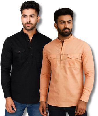 GOD HEART Men Solid Straight Kurta(Black, Orange)