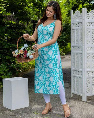 PARTHVI Women Printed Straight Kurta(Light Blue)