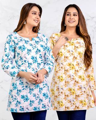 WULAMIA Women Floral Print A-line Kurta(Blue, Yellow)