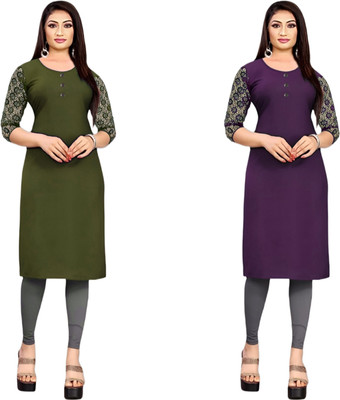 HOFC Women Solid Straight Kurta(Green, Purple)