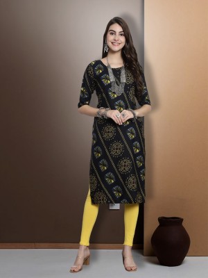 EthnicBasket Women Printed Straight Kurta(Black)