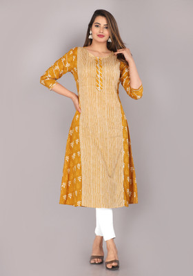 Kriftee Women Printed A-line Kurta(Yellow)