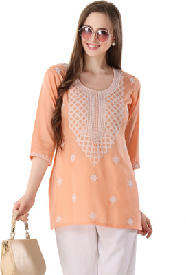 Divastri Women Chikan Embroidery Straight Kurta(Orange)