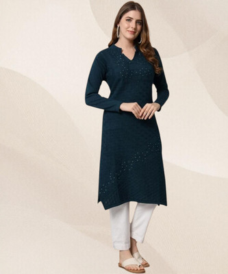 HERMISTON Women Embroidered Straight Kurta(Blue)