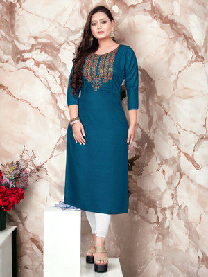 Lamboo Creation Women Embroidered Straight Kurta(Blue)