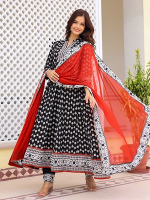 ANOUK Women Printed Anarkali Kurta(Black)