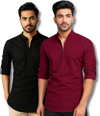 CROWNTAIL Men Solid Straight Kurta(Black, Dark Blue)