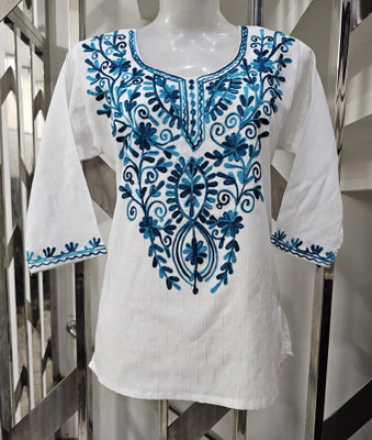 micollection Women Embroidered A-line Kurta(White)
