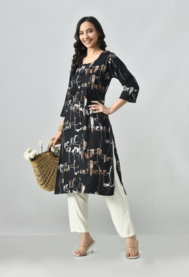 MAURYA Women Abstract, Printed Straight Kurta(Black)
