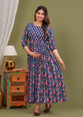 GUNINI Women Printed Gown Kurta(Blue)