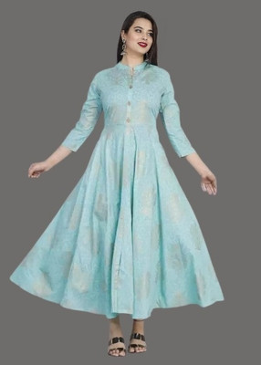 AnviTextile Women Printed Flared Kurta(Blue)