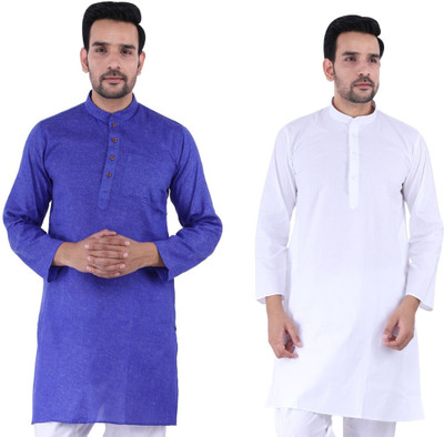 Sadree Men Solid Straight Kurta(Blue, White)