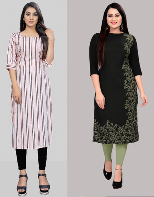 tanvi creation Women Floral Print Straight Kurta(Black)