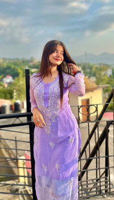 Neelam Chikan Women Chikan Embroidery Straight Kurta(Purple)