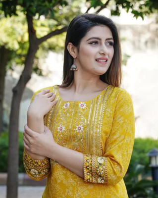 KAJI EMPIRE Women Embroidered, Printed, Floral Print A-line Kurta(Yellow)
