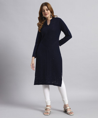 DUCOHIVE Women Self Design, Embellished Straight Kurta(Blue)