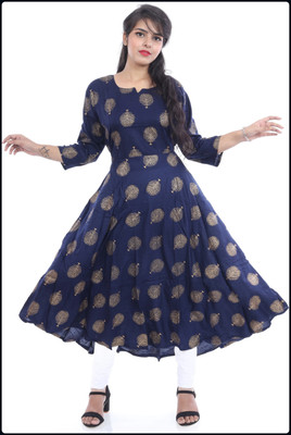 RACHNA FASHION Women Printed Flared Kurta(Dark Blue, Gold)