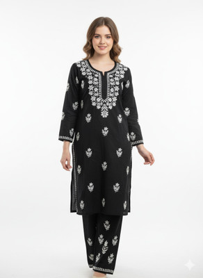 nafacreation Women Chikan Embroidery Ethnic Dress Kurta(Black)