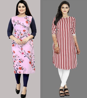 Modli 20 Fashion Women Striped, Floral Print Straight Kurta(Red, Pink)