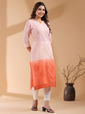 Janasya Women Embroidered, Dyed/Ombre Straight Kurta(Pink)