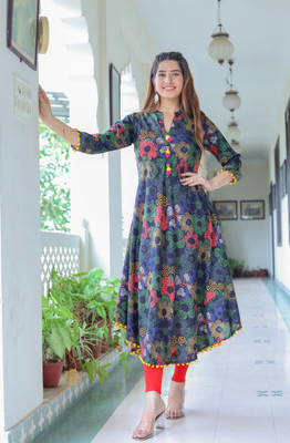 AKIKO Women Printed Anarkali Kurta(Black)