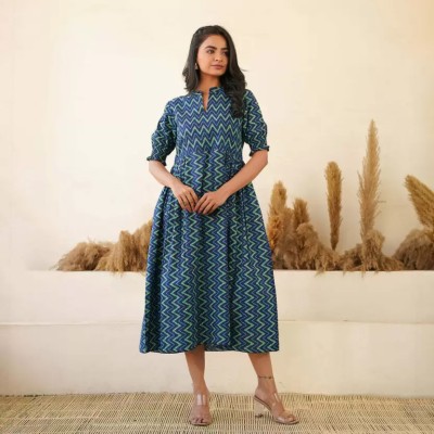 Assamica Women Printed Flared Kurta(Blue)