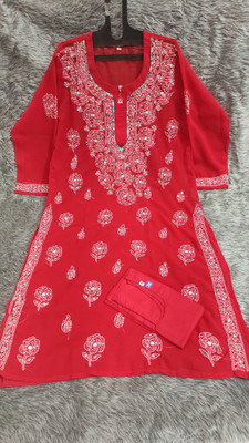 Neelam Chikan Women Chikan Embroidery Straight Kurta(Red)