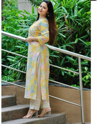 KurtisHouse Women Printed Straight Kurta(Yellow)
