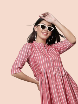 Houseofcommonv Women Striped A-line Kurta(Pink)
