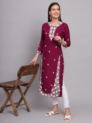vairagee Women Embroidered Straight Kurta(Purple)