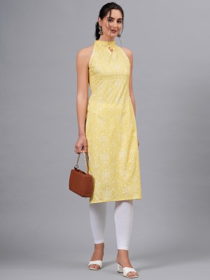 Highlight fashion export Women Bandhani Straight Kurta(Yellow, White)