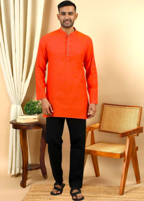 Tattva Men Geometric Print Straight Kurta(Orange)