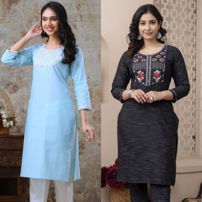 AUZAAI COLLECTION Women Embroidered Straight Kurta(Blue, Black)