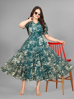 Parth Creation Women Printed Flared Kurta(Green)