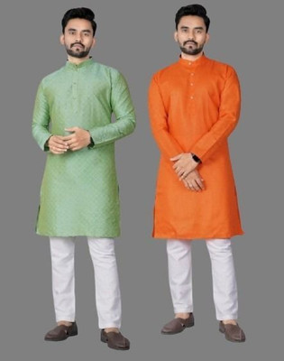 DHASU TRENDZ Men Self Design, Solid Straight Kurta(Green, Orange)