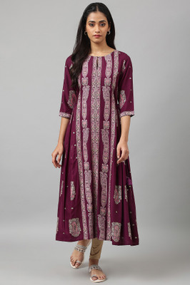 W Women Paisley Flared Kurta(Purple)