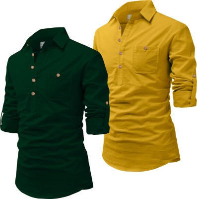 HouseOfCommon Men Solid Pathani Kurta(Green, Yellow)