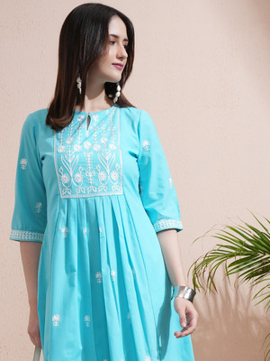 Vishudh Women Embroidered A-line Kurta(Blue)