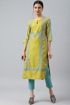 W Women Geometric Print A-line Kurta(Green)