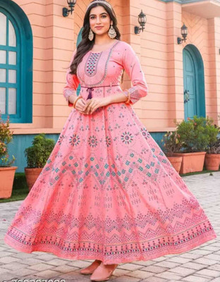 Luv Kush Fashion Women Printed, Embroidered Anarkali Kurta(Pink)