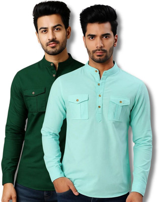 MAHIRAN Men Solid Straight Kurta(Green, Light Blue)