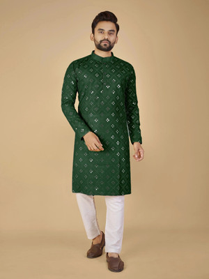 KURTAFORMEN Men Embellished Straight Kurta(Dark Green)
