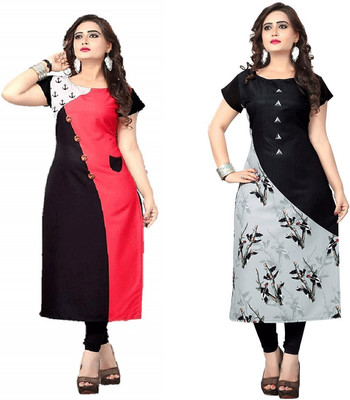 AK Fashion Women Printed A-line Kurta(Red, Black)