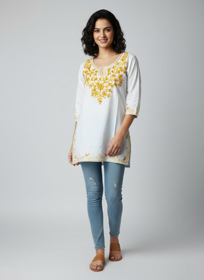 BANSII DHUN Women Embroidered Straight Kurta(White, Yellow)